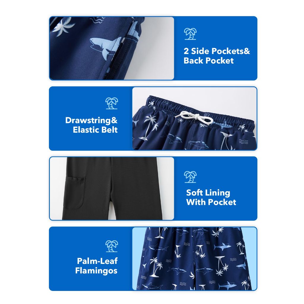 Angel Season Boys Swim Trunks with Compression Liner - Dark Blue Shark, 9-10yrs.