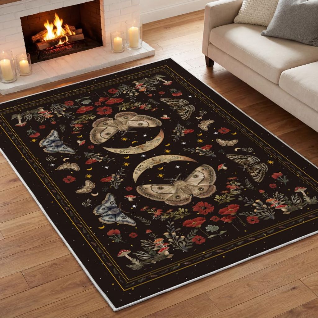 Artoid Mode Black Poppy Moth Mushroom Moon Area Rug, 5' x 7'