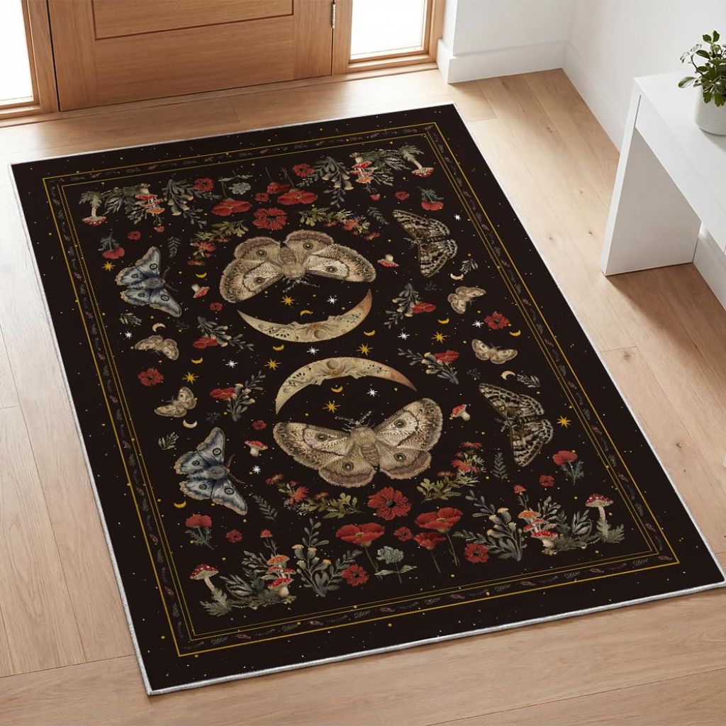 Artoid Mode Black Poppy Moth Mushroom Moon Area Rug, 5' x 7'