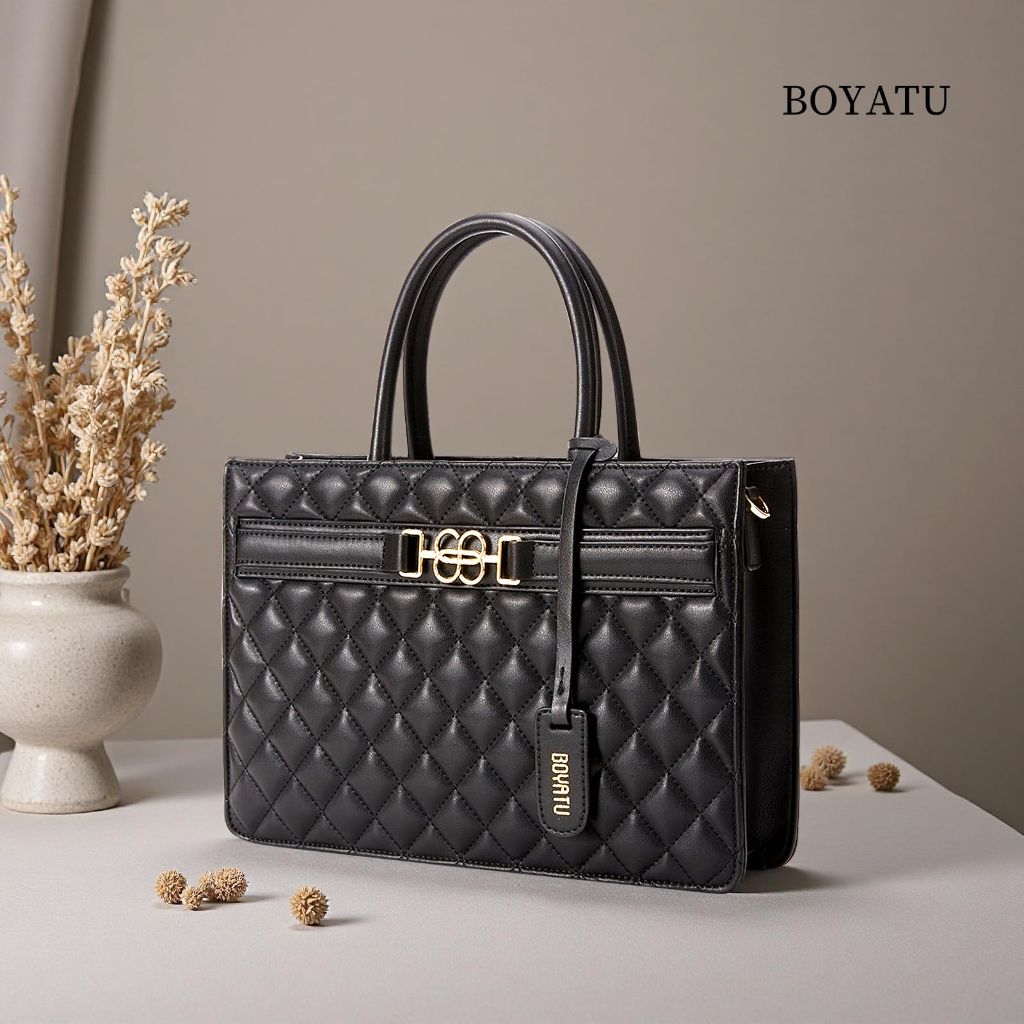 OYATU Genuine Leather Puffer Tote Bag - Black