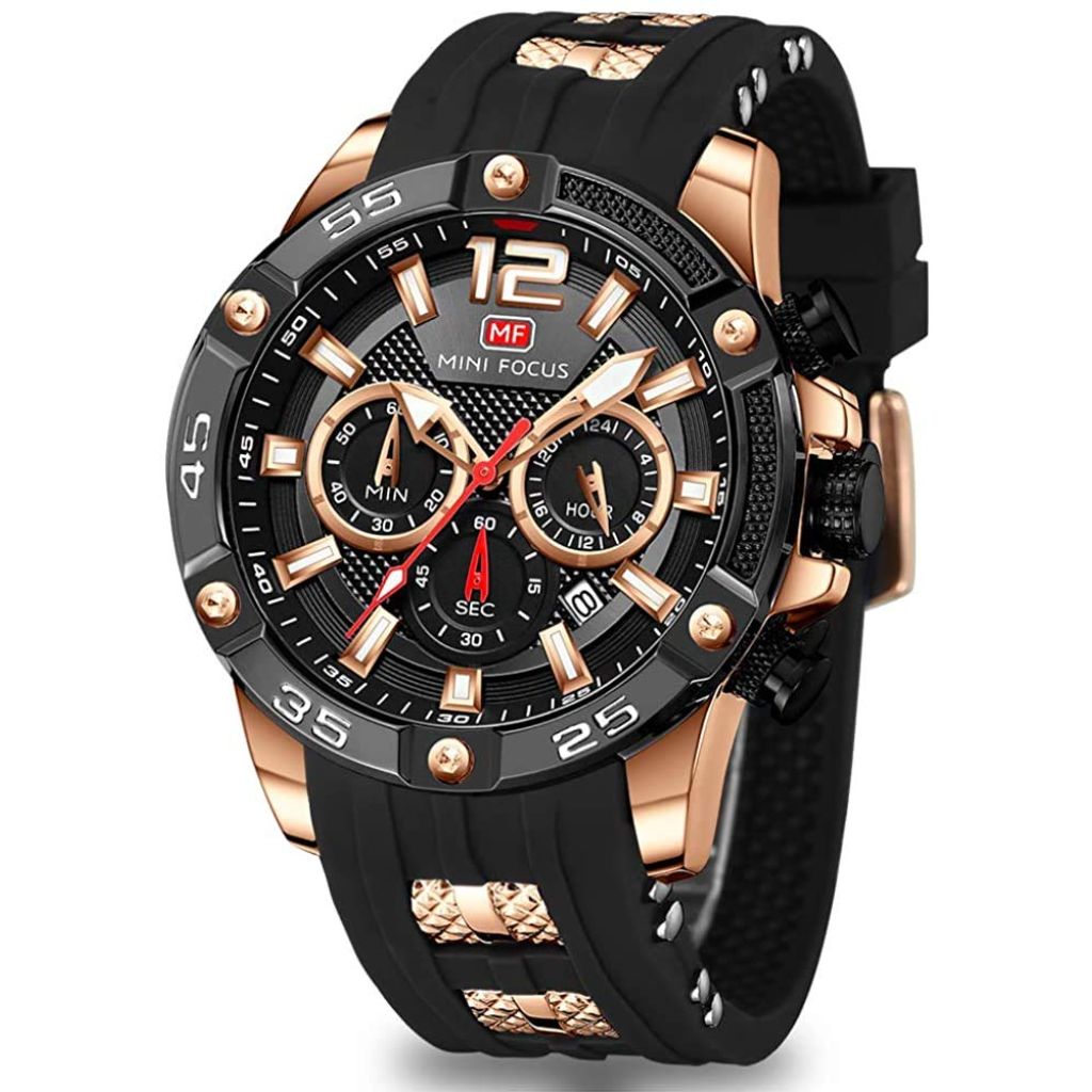 AIMES Men’s Silicone Strap Stainless Steel 47mm Watch - Black/Rose Gold