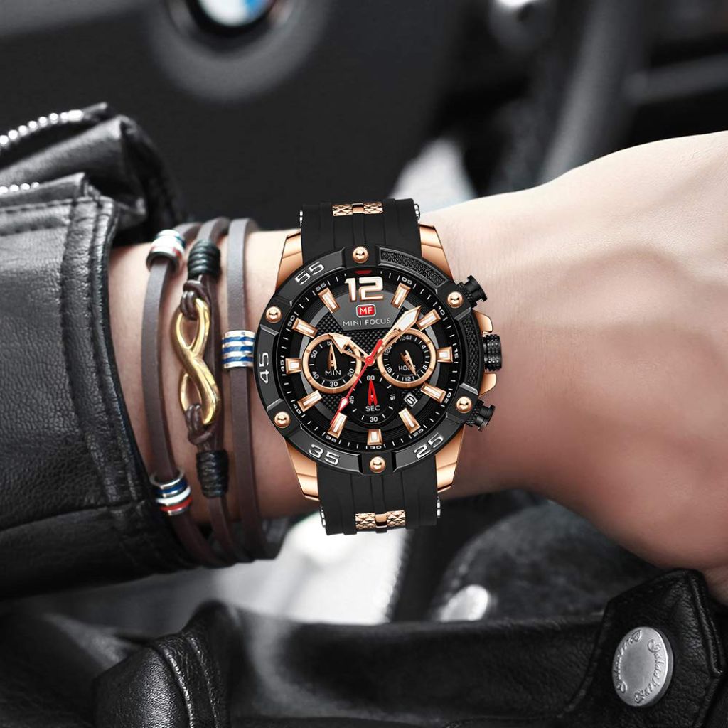 AIMES Men’s Silicone Strap Stainless Steel 47mm Watch - Black/Rose Gold