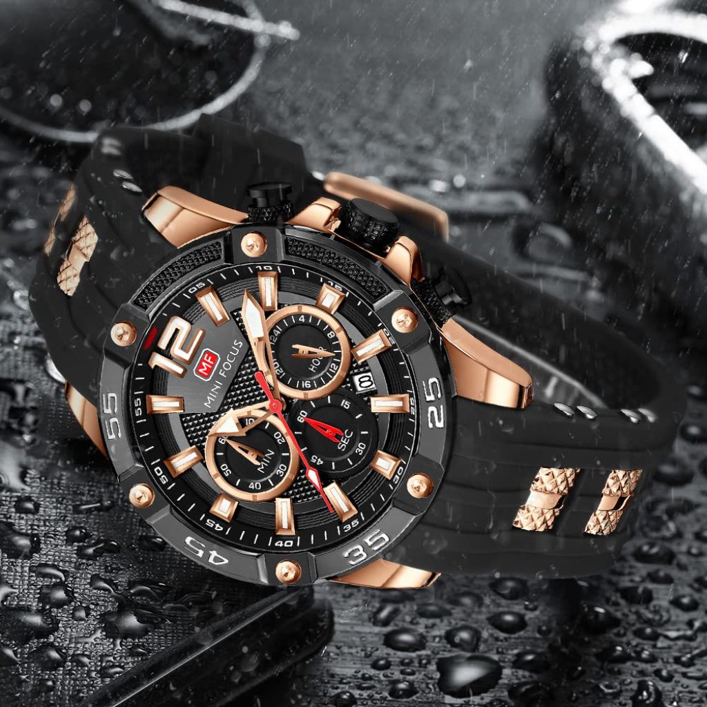 AIMES Men’s Silicone Strap Stainless Steel 47mm Watch - Black/Rose Gold