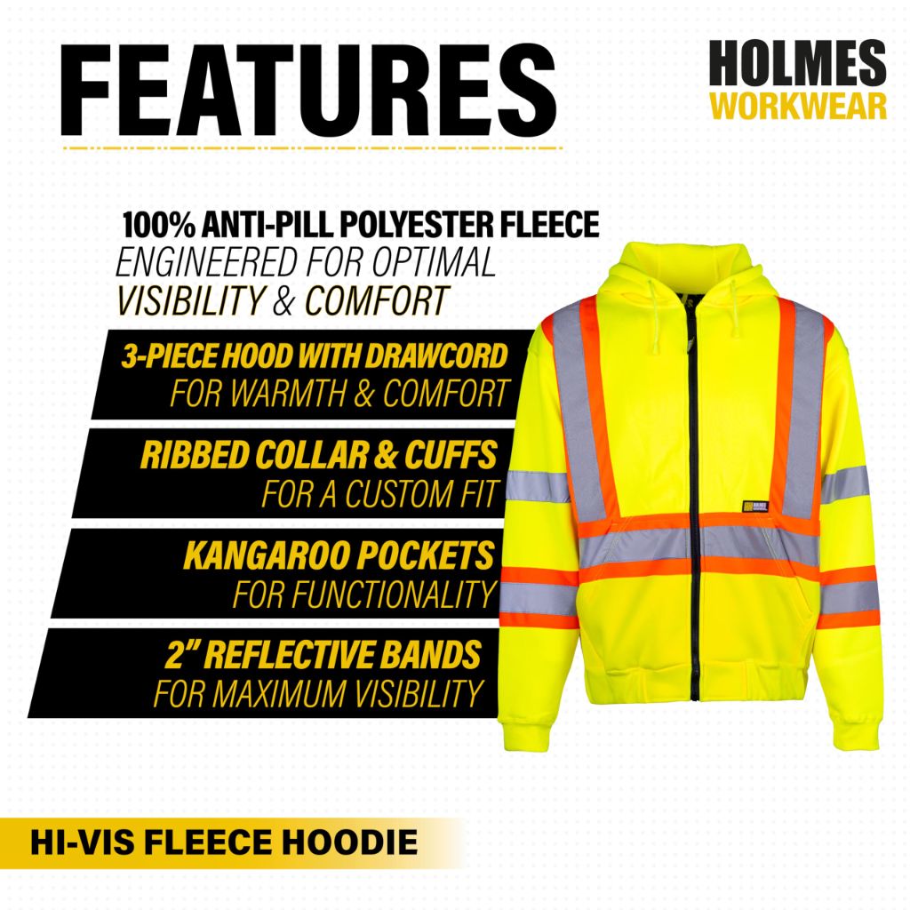 Holmes Workwear Hi-Vis Yellow Polyester Hoodie with Reflective Stripes, 4XL