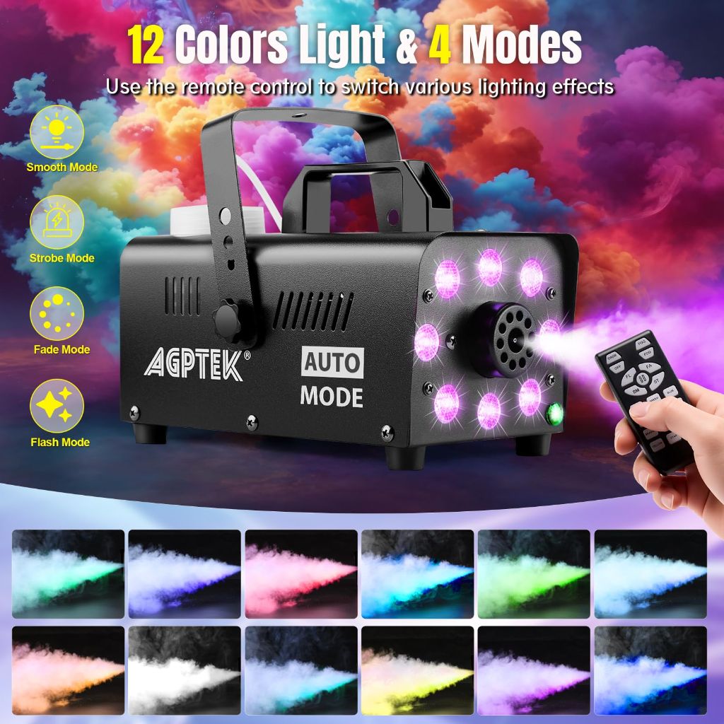 AGPTEK Fog Machine, Smoke Machine with 12 Colorful LED Lights Effect
