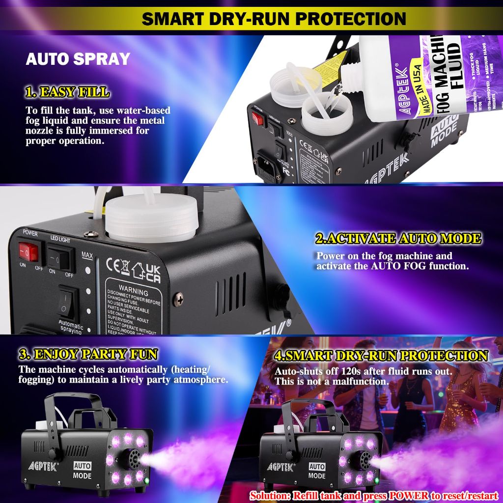 AGPTEK Fog Machine, Smoke Machine with 12 Colorful LED Lights Effect