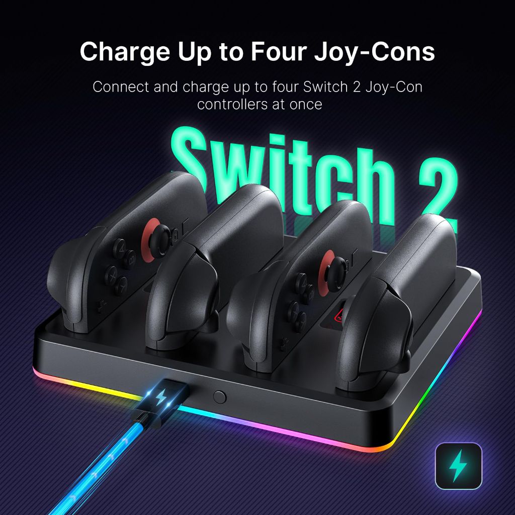 NexiGo Enhanced Controller Charger Dock Compatible with Nintendo Switch 2, Charging Station for Joy-Pads with Multiple RGB Light Modes