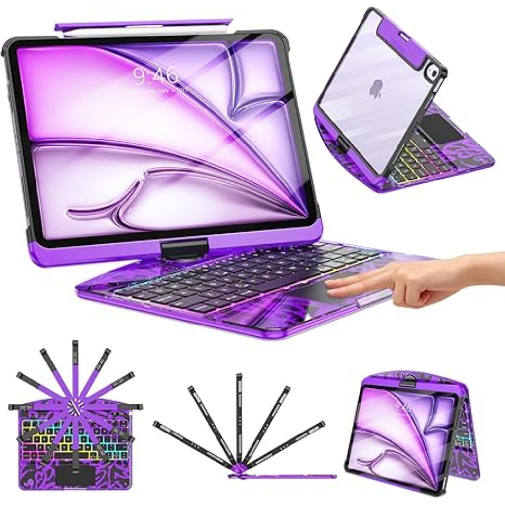 Clear Wireless Rotate Keyboard Case for iPad Air 13 Inch (M4/M3/M2, 2025/2024/2026)/ iPad Pro 12.9" (6th/5th/4th/3rd Gen) - Purple