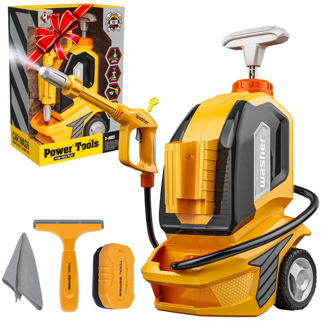 Kids Clean Car Wash Toy - Kids Power Washer with Scraper Sponge Towel, Manual Pressure,