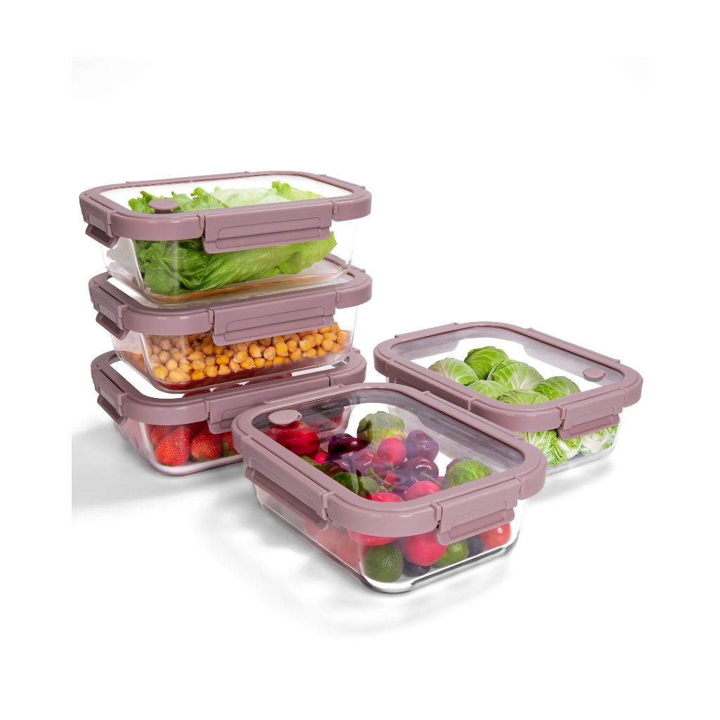 Borohouse Glass Food Storage Containers with Tempered Lids - 5ct (Pink)