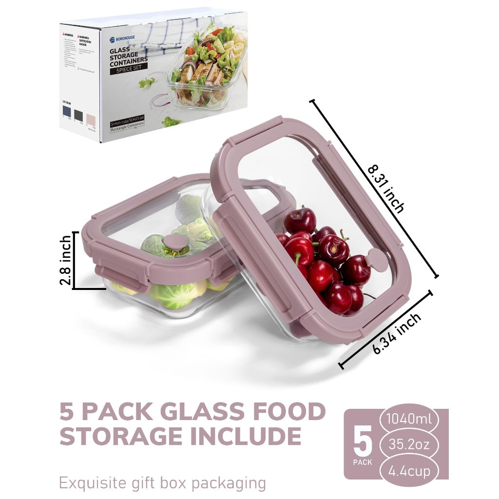 Borohouse Glass Food Storage Containers with Tempered Lids - 5ct - Thumbnail 4