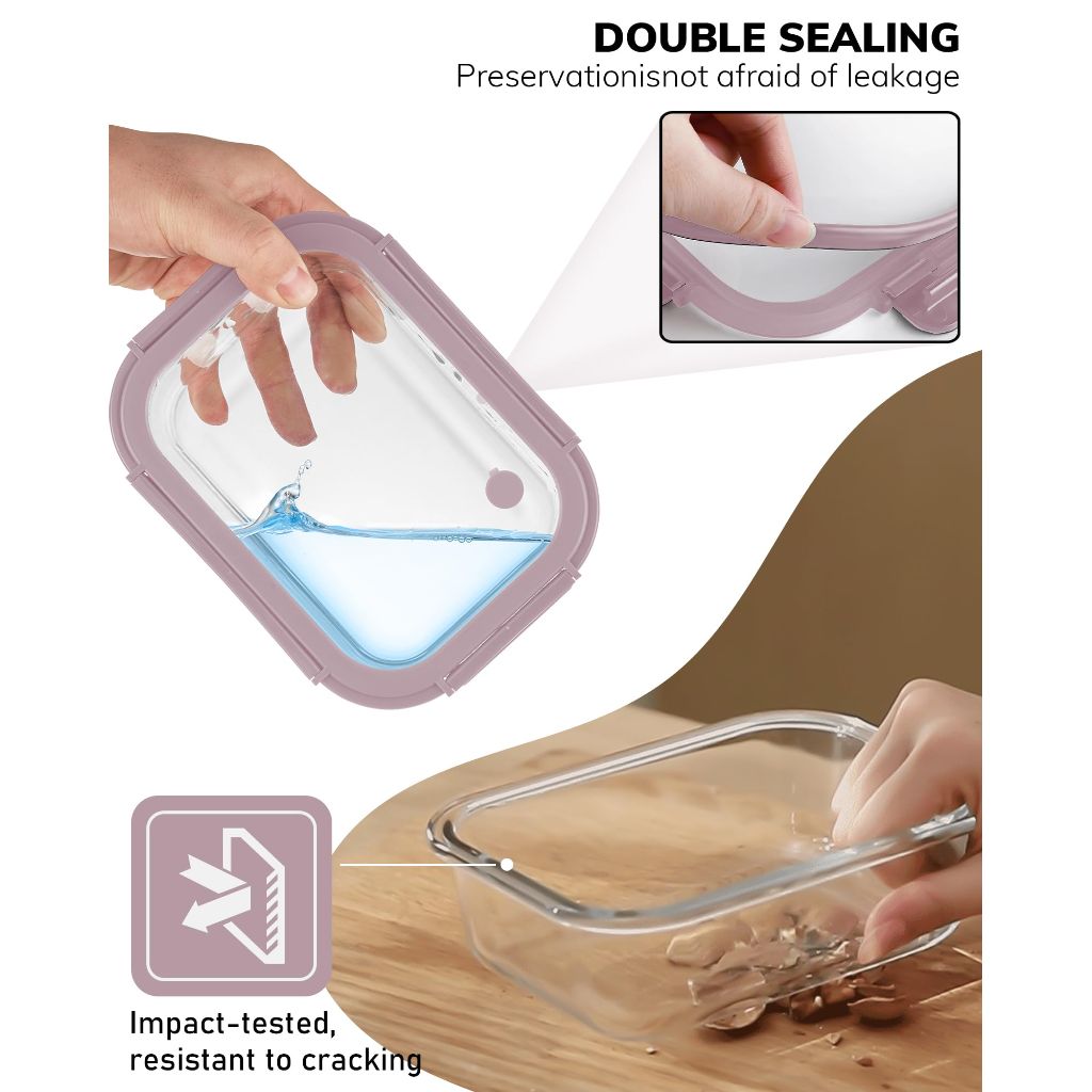 Borohouse Glass Food Storage Containers with Tempered Lids - 5ct (Pink)