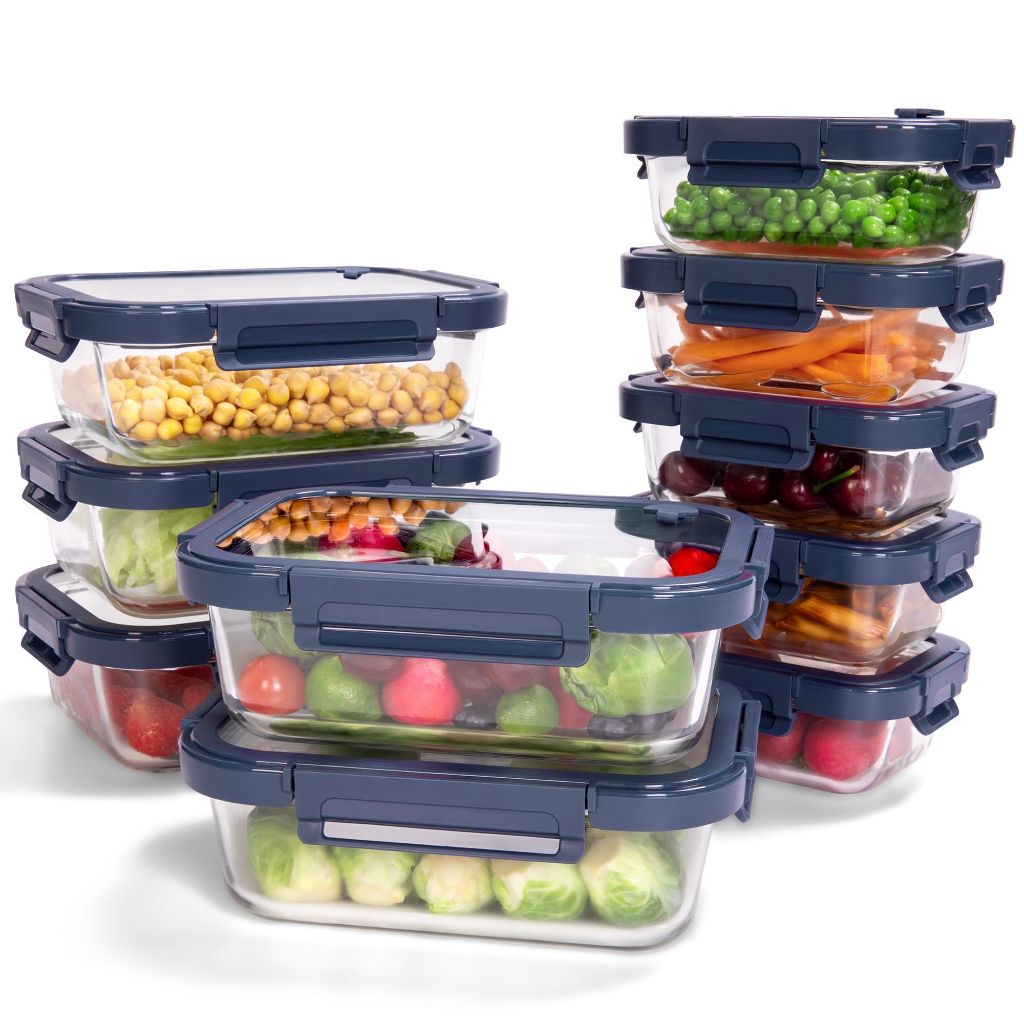 Borohouse Glass Food Storage Containers with Tempered Lids - 10ct (Blue)