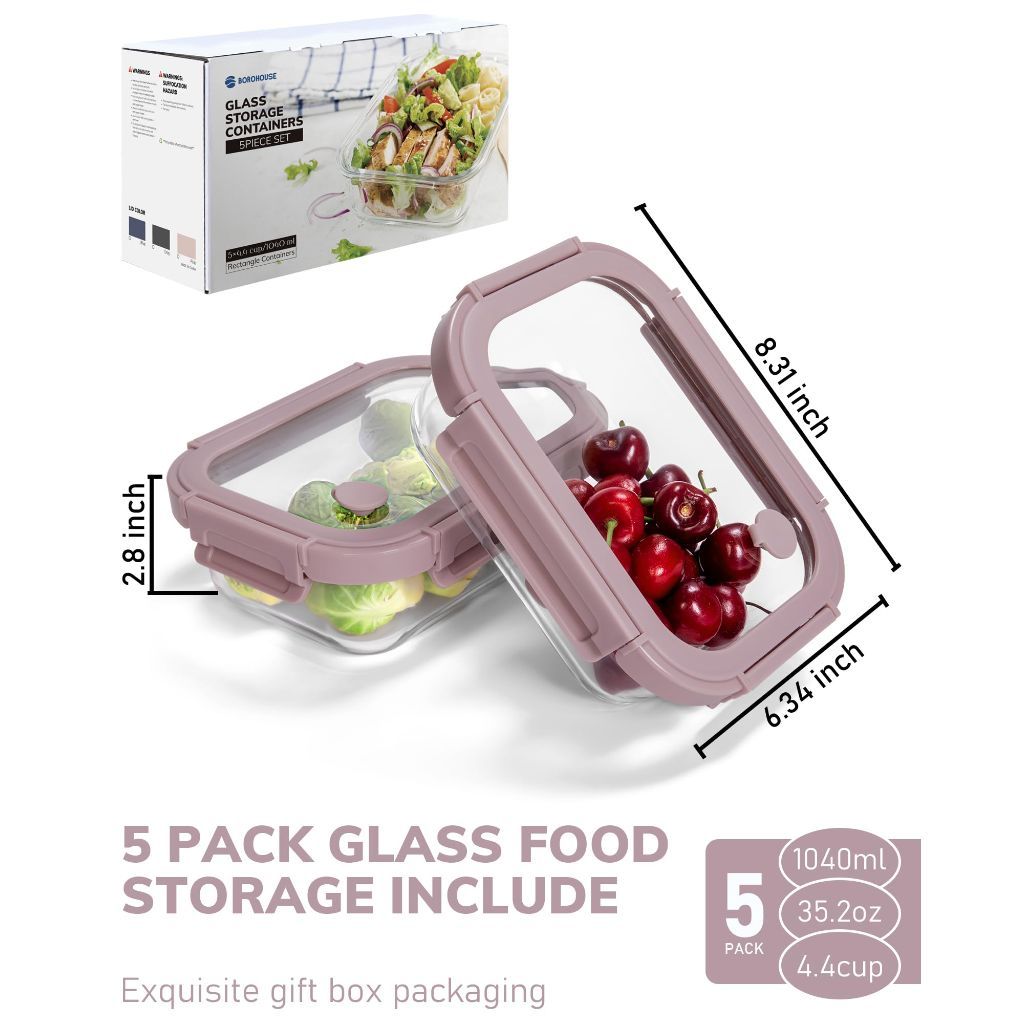 Borohouse Glass Food Storage Containers with Tempered Lids - 5ct (Pink)