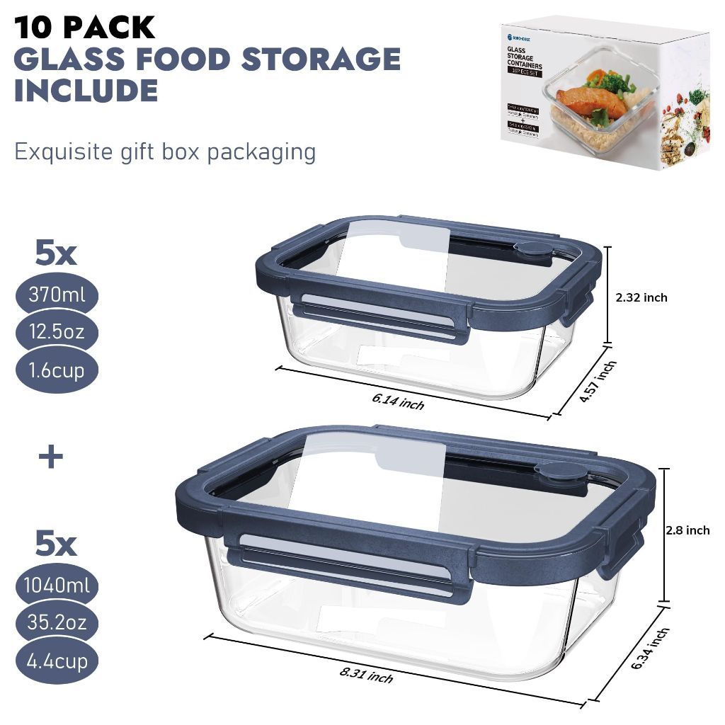 Borohouse Glass Food Storage Containers with Tempered Lids - 10ct (Blue)