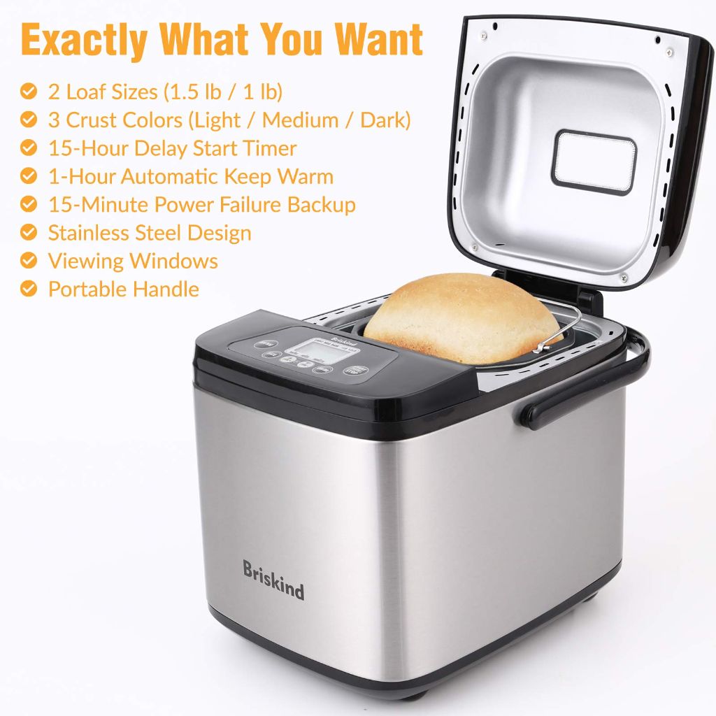 Briskind 19-in-1 Compact Bread Maker Machine, 1.5 lb / 1 lb Loaf Small Breadmaker with Carrying Handle