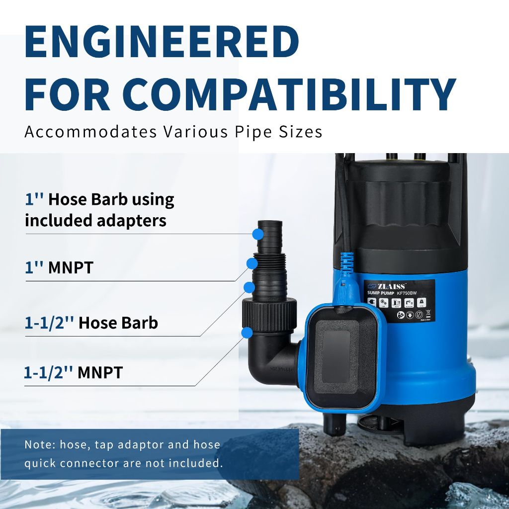 ZLAISS 1HP Submersible Sump Pump with Automatic Float Switch - 3700 GPH, 30ft Max Head, 1-1/2" FNPT Outlet