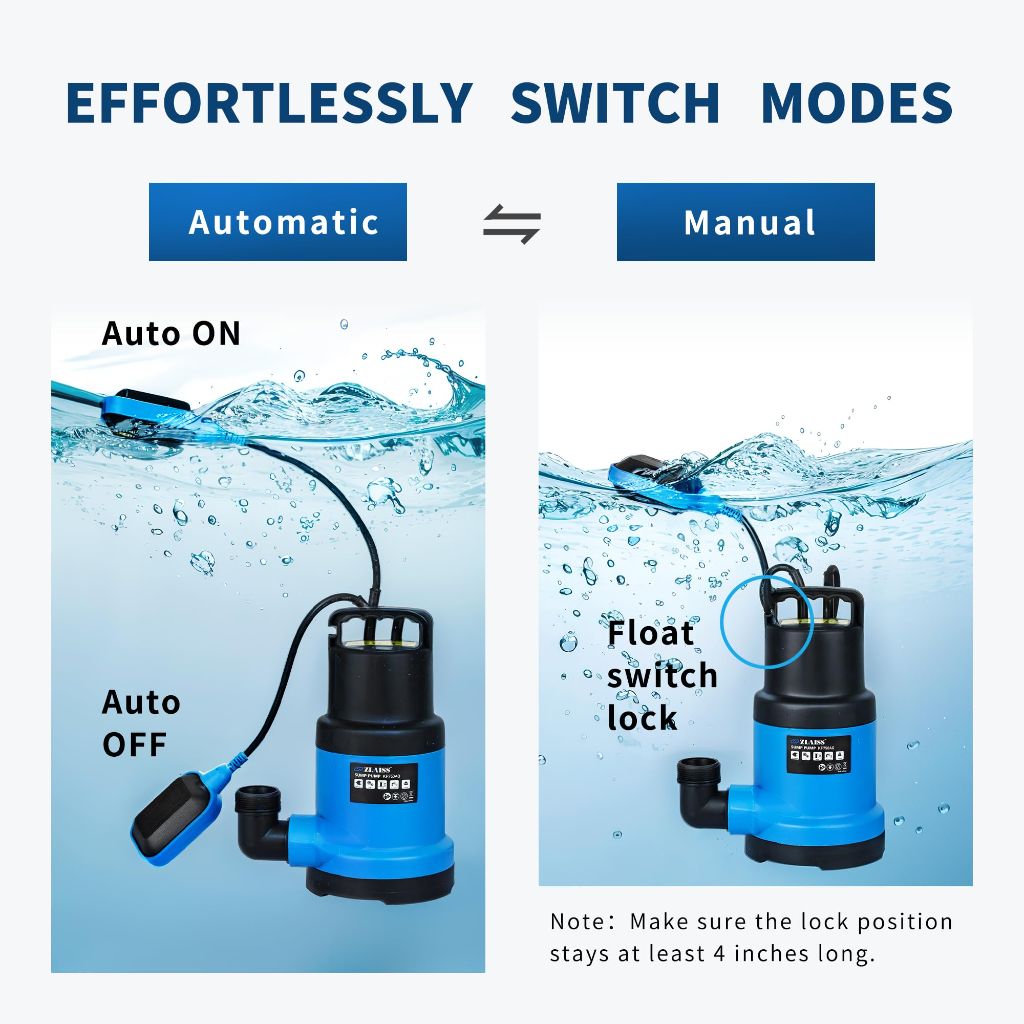 ZLAISS 1HP Submersible Sump Pump with Automatic Float Switch - 3700 GPH, 30ft Max Head, 1-1/2" FNPT Outlet