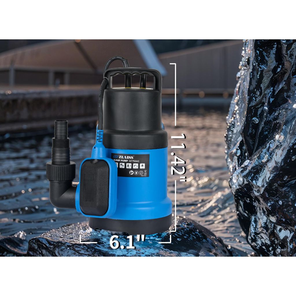 ZLAISS 1HP Submersible Sump Pump with Automatic Float Switch - 3700 GPH, 30ft Max Head, 1-1/2" FNPT Outlet