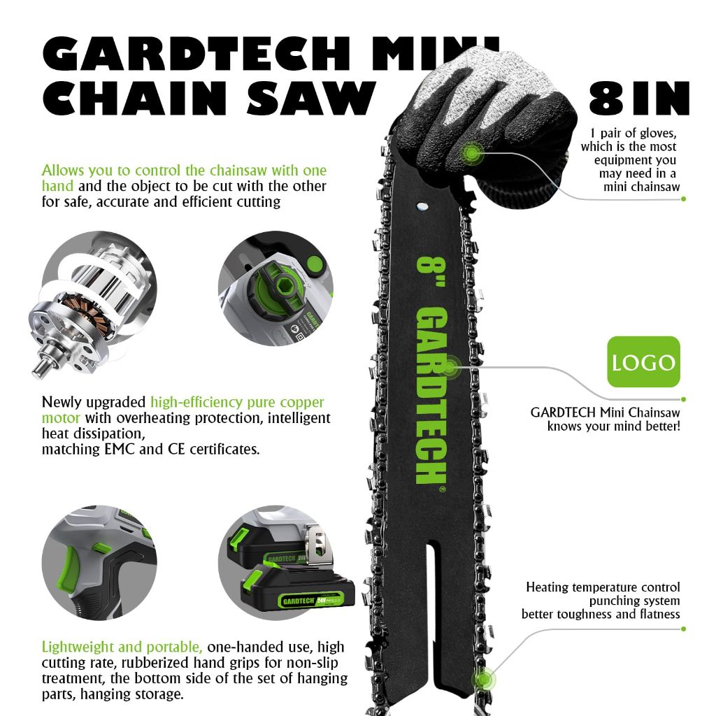 GARDTECH Portable Cordless Mini Chainsaw 8 Inch with 2-Side Security Lock [Southpaws Friendly]