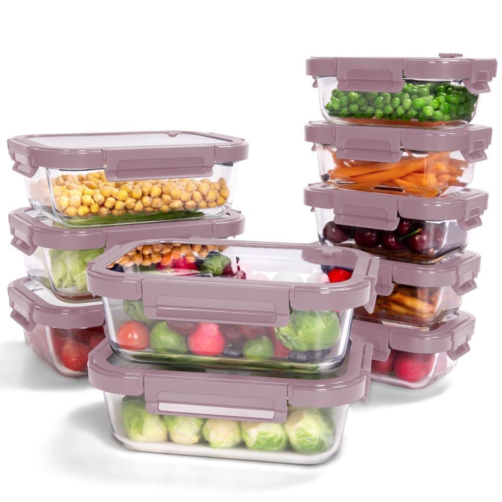 Borohouse Glass Food Storage Containers with Tempered Lids - 10ct (Pink)