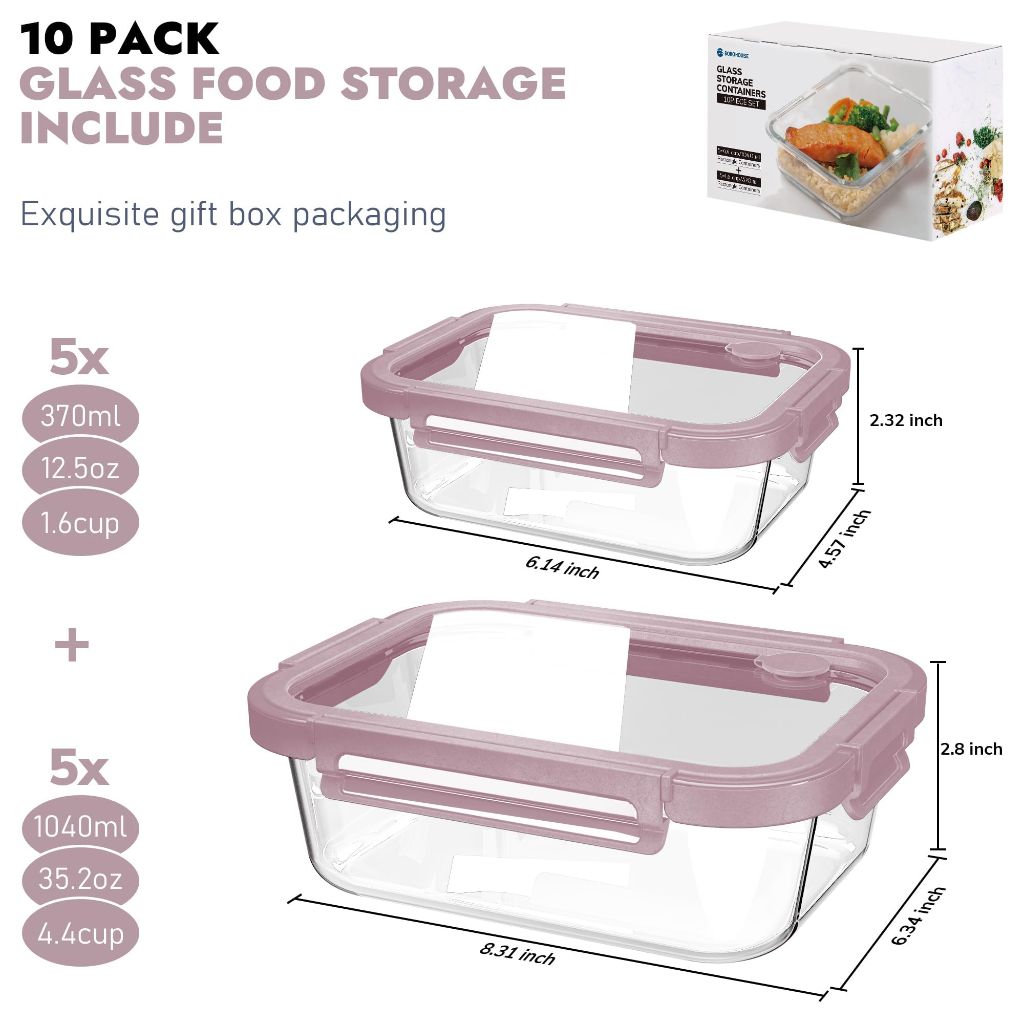 Borohouse Glass Food Storage Containers with Tempered Lids - 10ct (Pink)