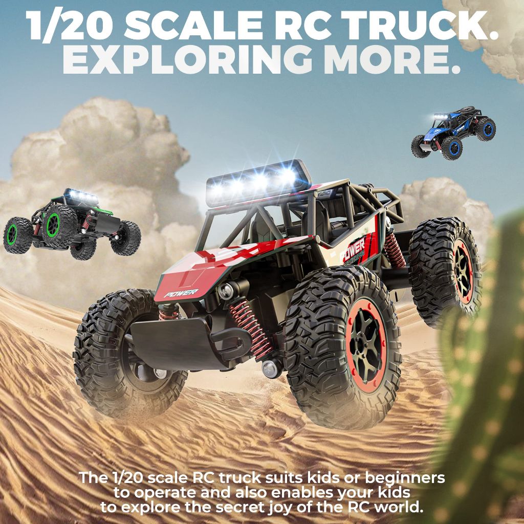 BEZGAR TB201 RC Cars-1:20 Scale Remote Control Car-2WD High Speed 20 Km/h Electric Off Road Monster Truck Crawler with LED Headlight and Rechargeable Battery