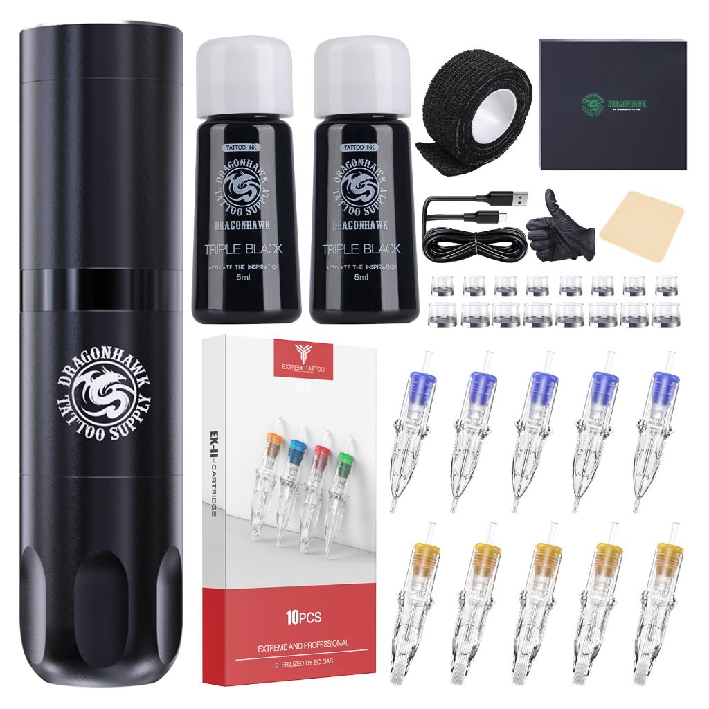 Dragonhawk X3 Wireless Tattoo Gun Kit w/Powerful Motor & 10 Cartridges