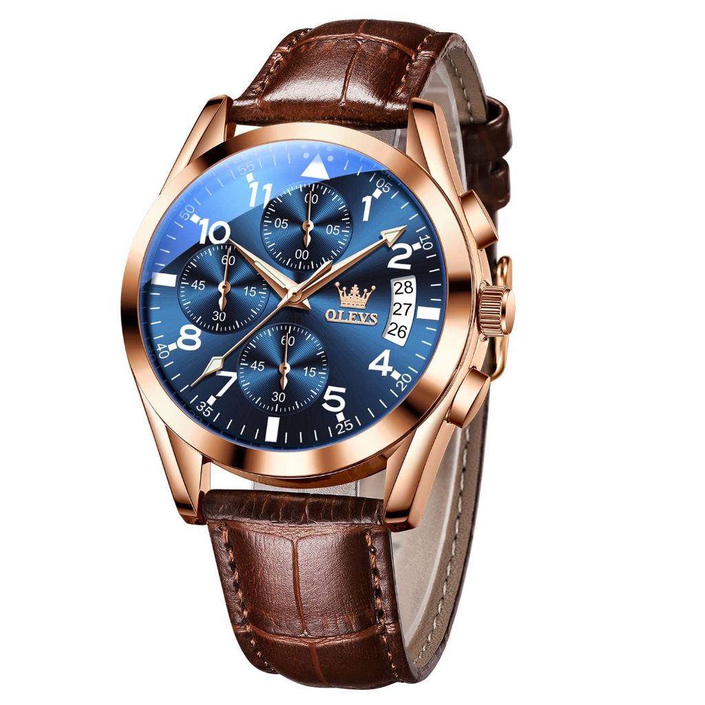 OLEVS Men's Auto Date Multi-Function Rose Gold Quartz Watch - Brown Leather Strap, Gold Face, 40mm