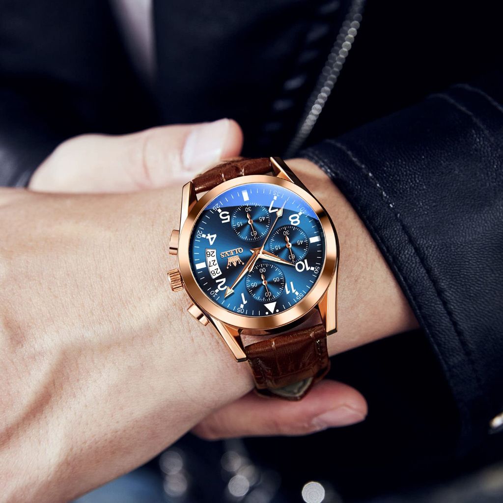 OLEVS Men's Auto Date Multi-Function Rose Gold Quartz Watch - Brown Leather Strap, Gold Face, 40mm