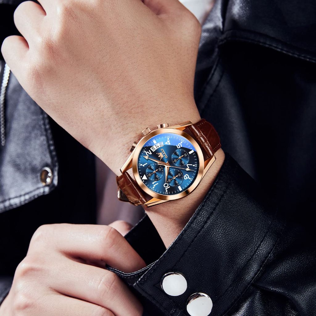 OLEVS Men's Auto Date Multi-Function Rose Gold Quartz Watch - Brown Leather Strap, Gold Face, 40mm