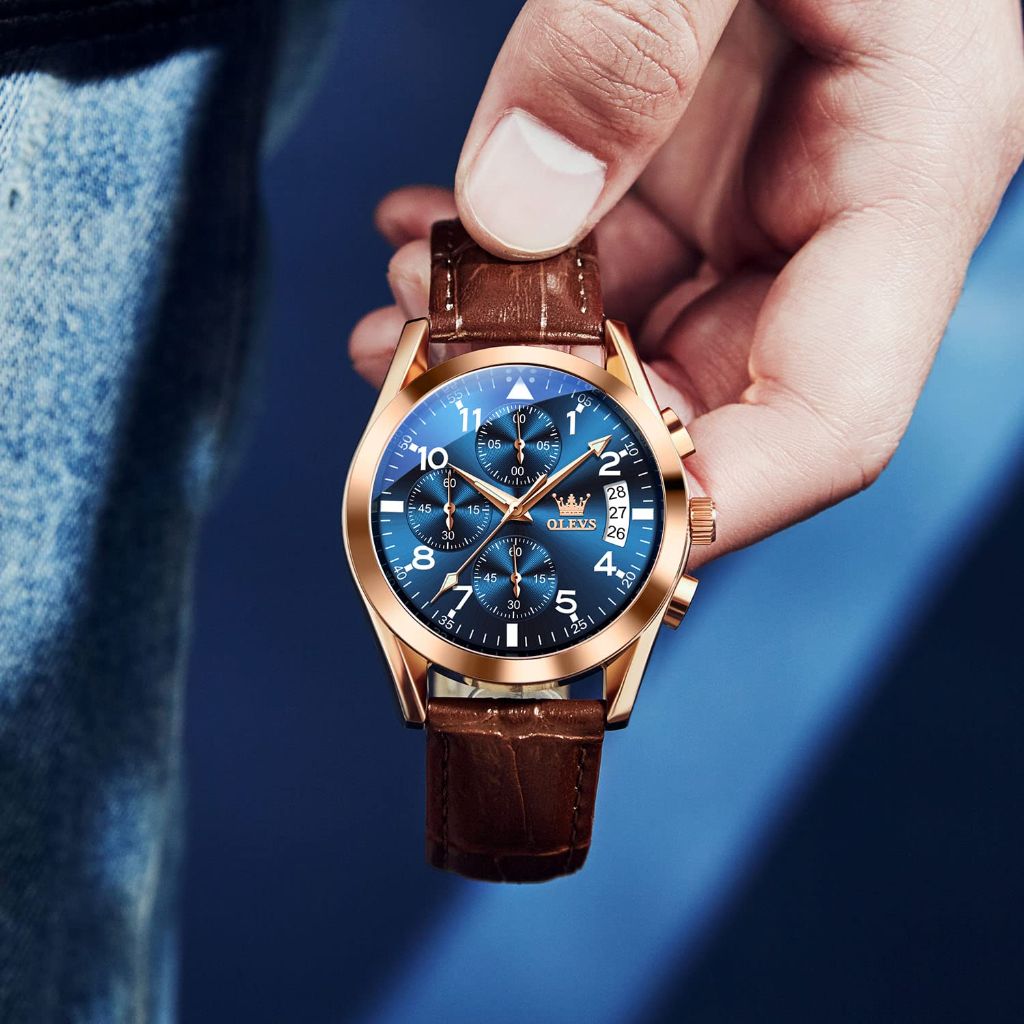 OLEVS Men's Auto Date Multi-Function Rose Gold Quartz Watch - Brown Leather Strap, Gold Face, 40mm