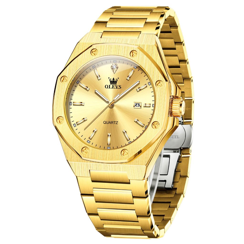 OLEVS Men's Octagonal Water Resistant Large Face Watch - Gold