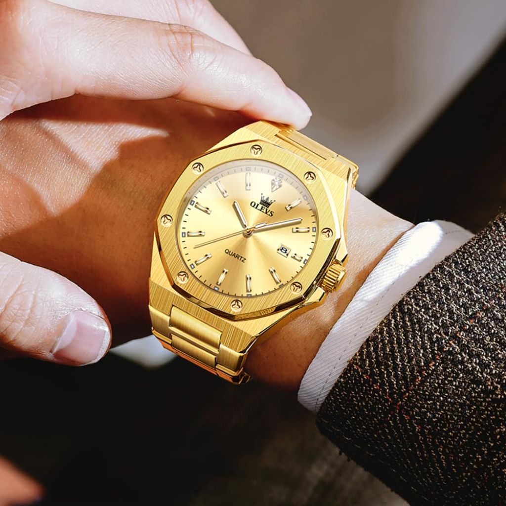 OLEVS Men's Octagonal Water Resistant Large Face Watch - Gold
