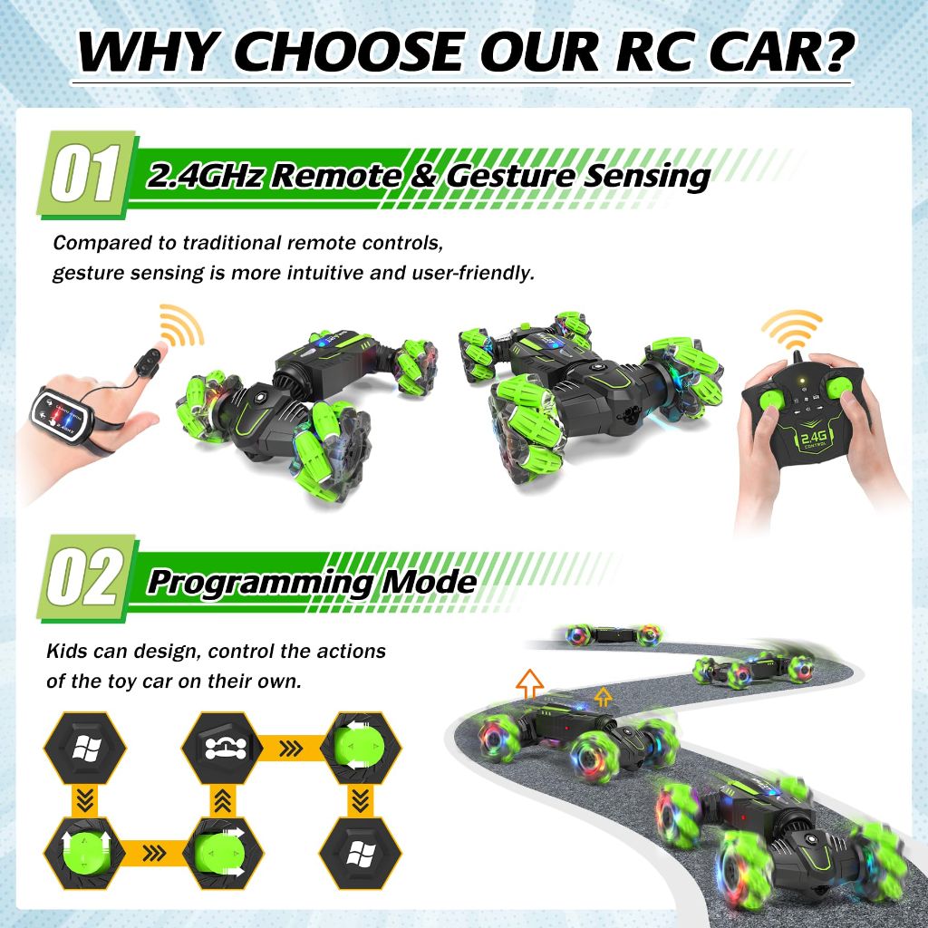 Eulogia Remote Control Car Gesture Sensing Stunt Cars with Spray Effect, 360° Rotate, Lights