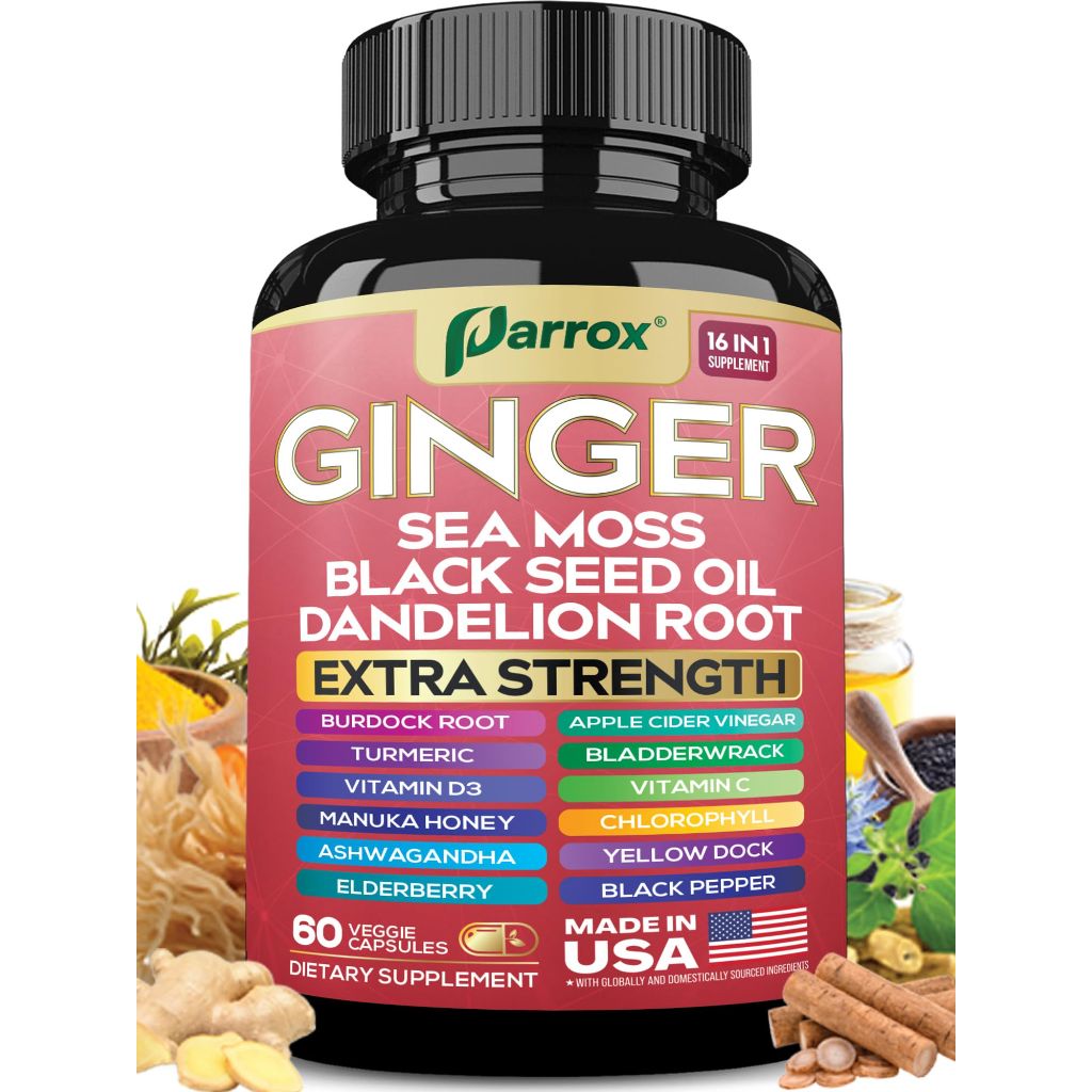 Parrox Ginger w/Black Seed Oil, Ashwagandha, & Sea Moss – 60 Capsules