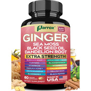 Parrox Ginger w/Black Seed Oil, Ashwagandha, & Sea Moss – 60 Capsules