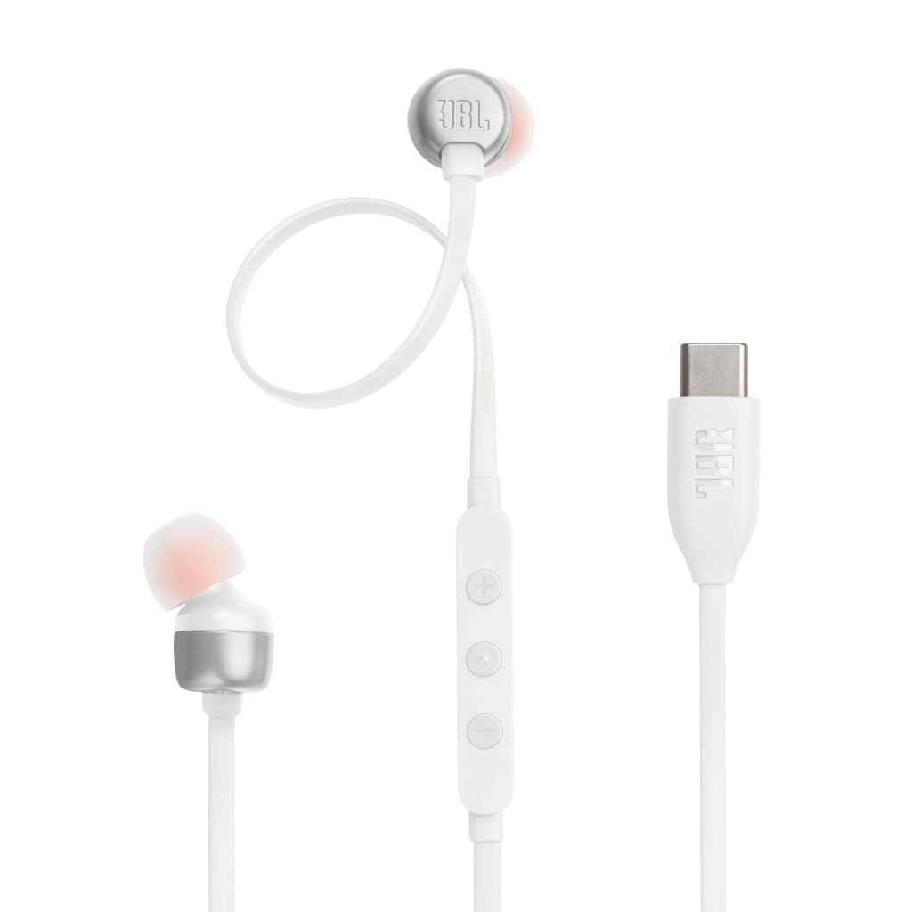 JBL Tune 310C Wired Hi-Res In-Ear Headphones, Tangle-Free Flat Cable w/Microphone, USB-C - White