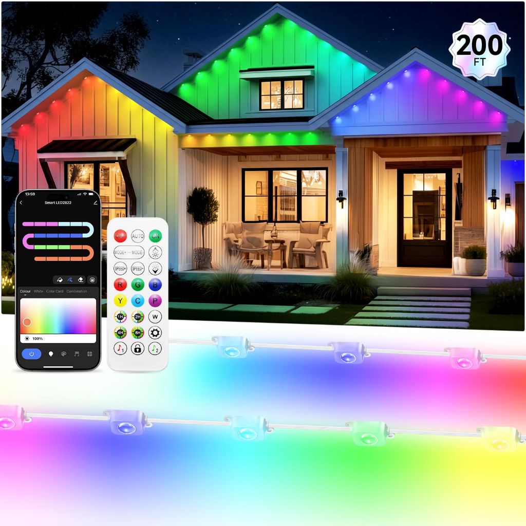 Lemonlovely Permanent Outdoor Lights, 100 Smart Waterproof RGB+IC LED Eaves with Warm White & Cool White - 200ft.