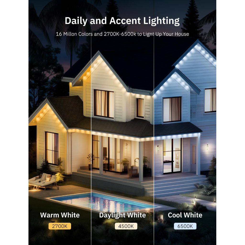 Lemonlovely Permanent Outdoor Lights, 100 Smart Waterproof RGB+IC LED Eaves with Warm White & Cool White - 200ft.