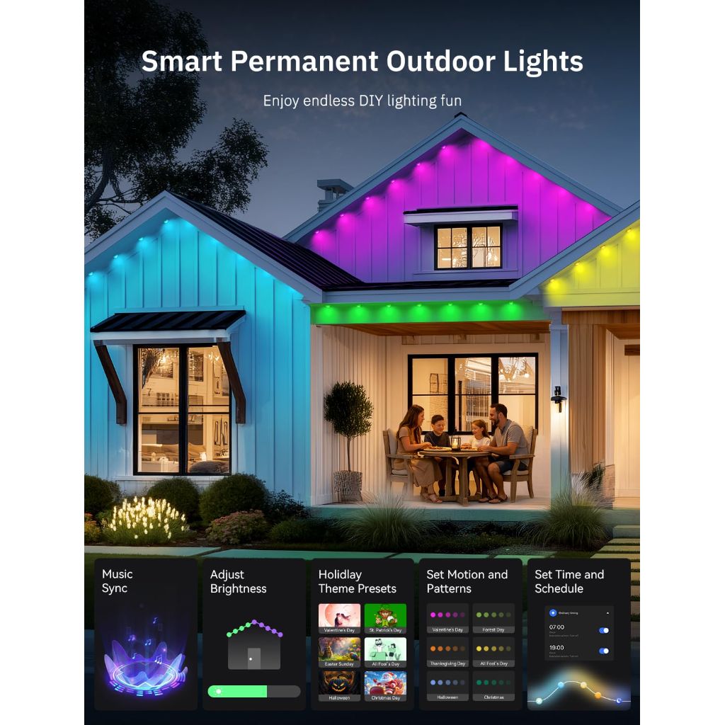 Lemonlovely Permanent Outdoor Lights, 100 Smart Waterproof RGB+IC LED Eaves with Warm White & Cool White - 200ft.