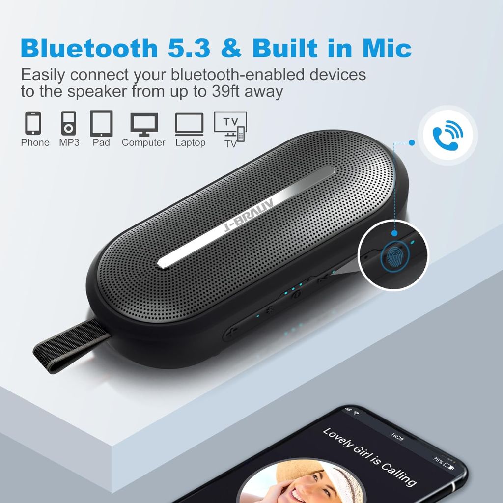 J-Brauv Flex Portable Bluetooth Speaker w/Built-In Mic, IP67 Water/Dust/Shockproof - Black