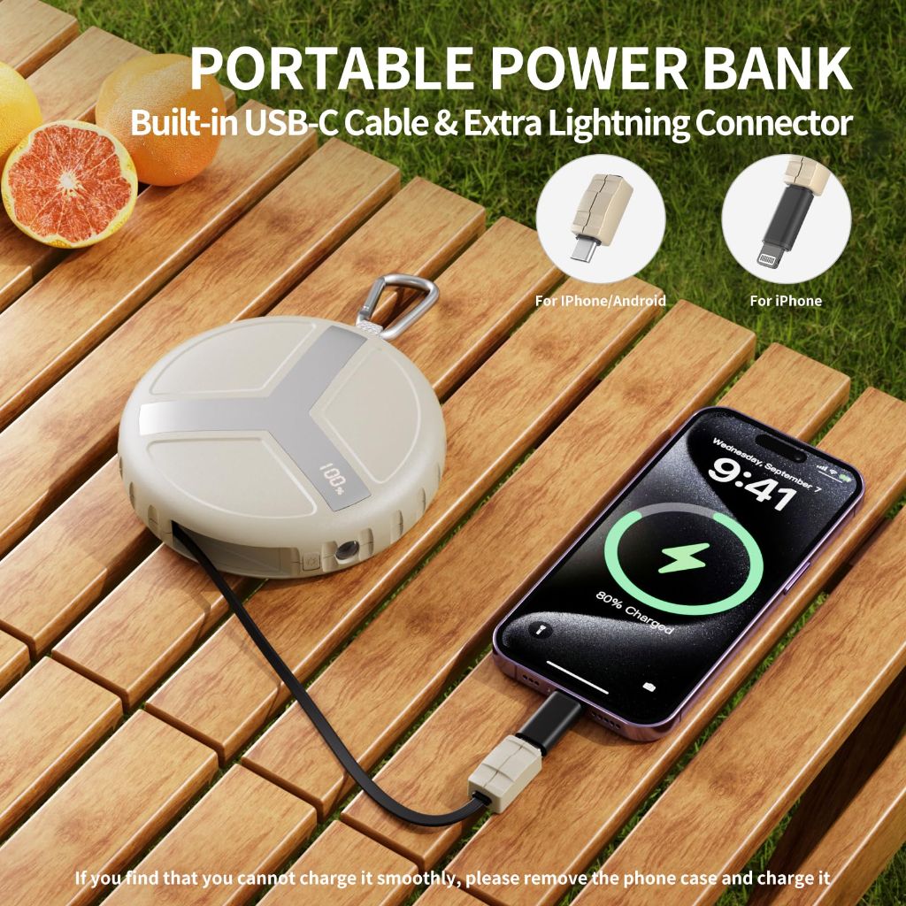 Vivilumens Power Bank Portable Charger 10,000mAh Retractable 25.5 in Built-In Fast Charging Cable