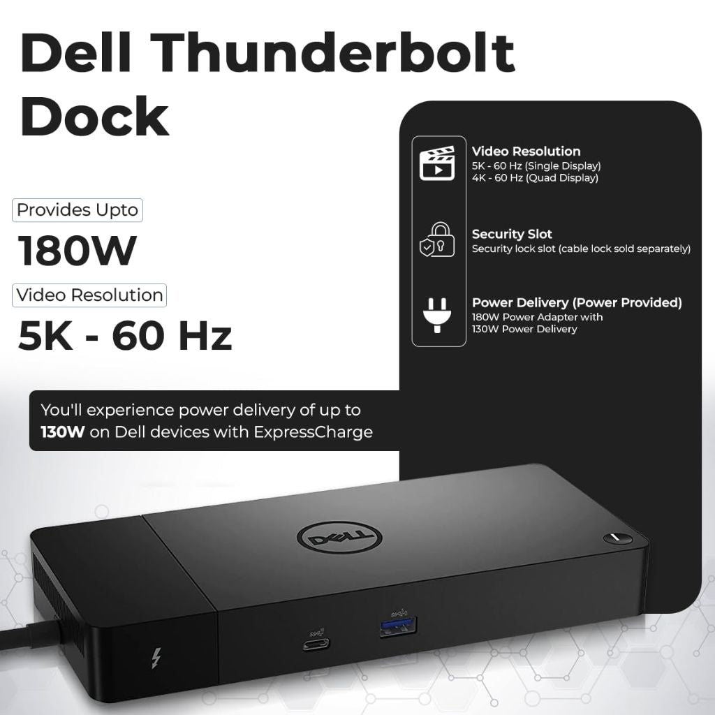 Dell WD22TB4 Thunderbolt 4 Dock 40Gbps USB-C/USB A w/ 180W Adapter, HDMI, DisplayPort, Supports 4K Displays & Up to 3 Monitors (Renewed)