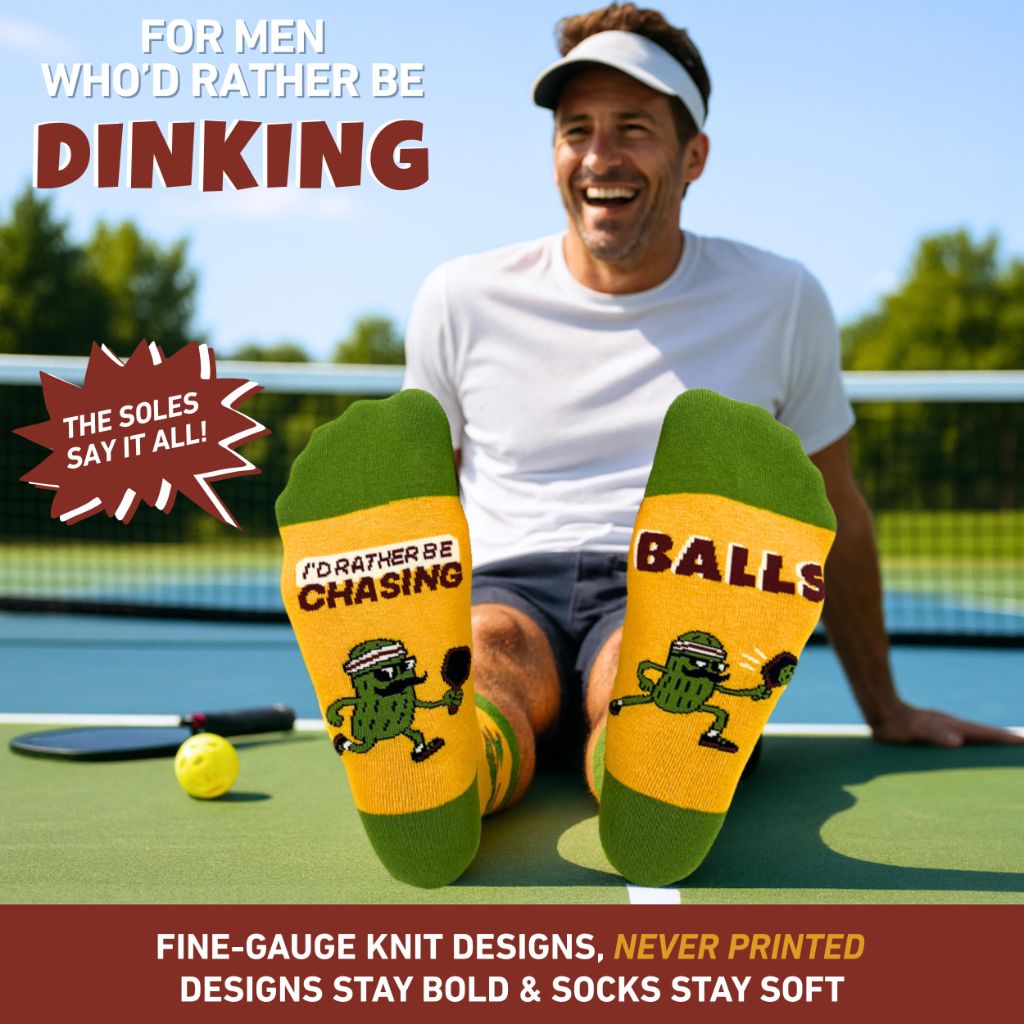 I'D RATHER BE CHASING Funny Pickleball Socks for Men, Goofy Novelty Mens Crew Sock, Fun Pickle Ball Theme (One Size)