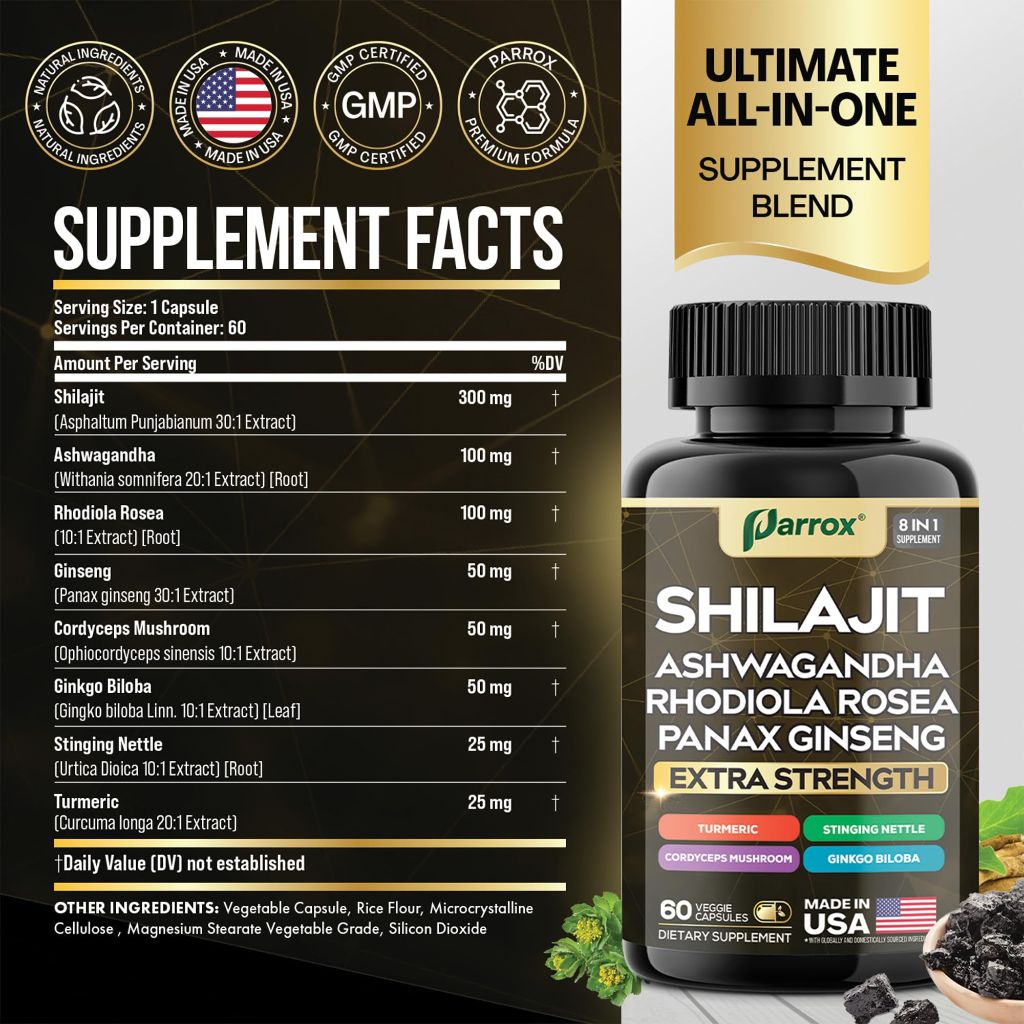 Parrox Shilajit w/Panax Ginseng, Ashwagandha, & Rhodiola Rosea - 60 Caps