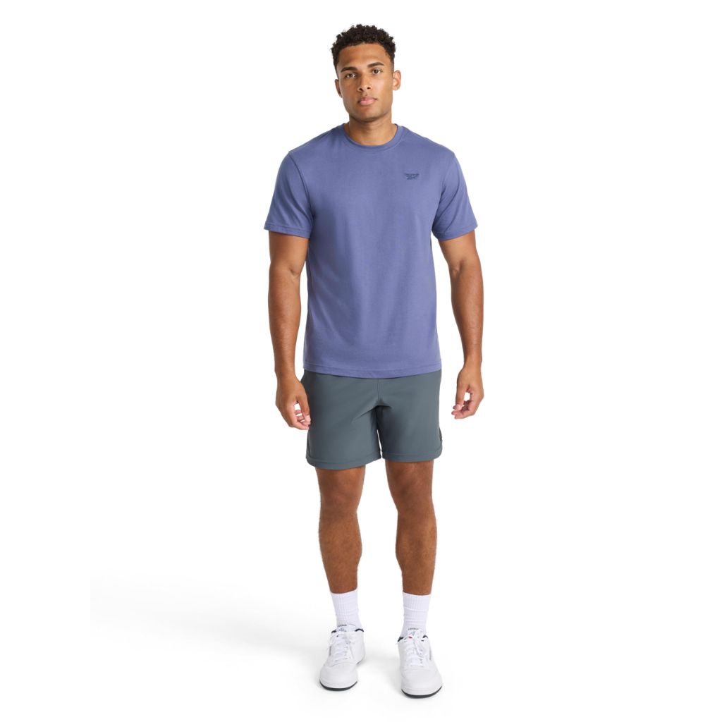 Reebok Men’s Embroidery Short Sleeve Crewneck T-Shirt, Standard Fit, Lightweight Cotton-Poly Fabric, Nightshadow Blue, Large