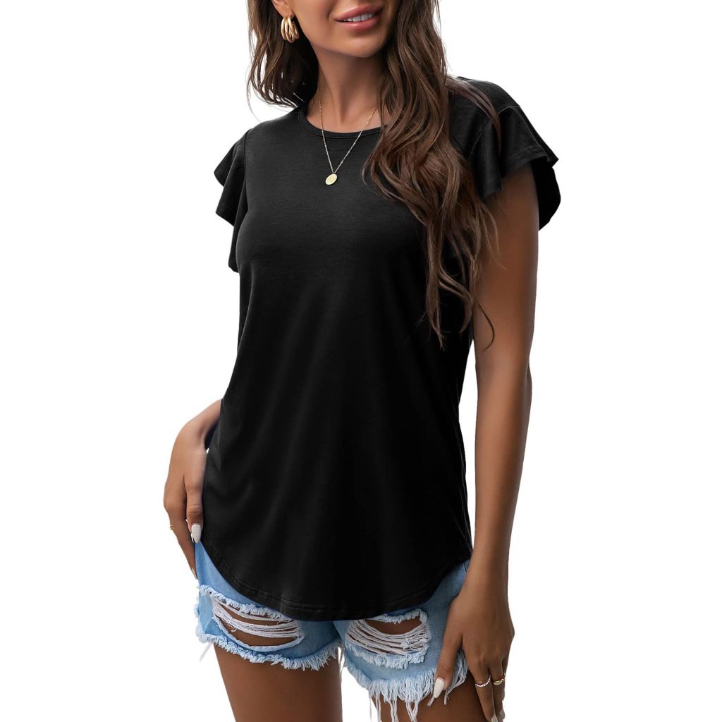 PrinStory Women's Tops, Ruffle Short Sleeves, Black, US M