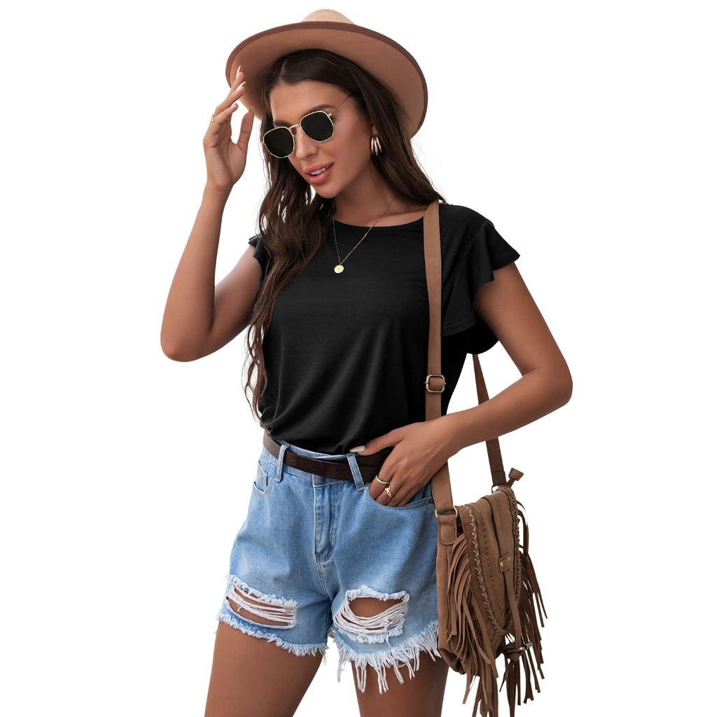 PrinStory Women's Tops, Ruffle Short Sleeves, Black, US M