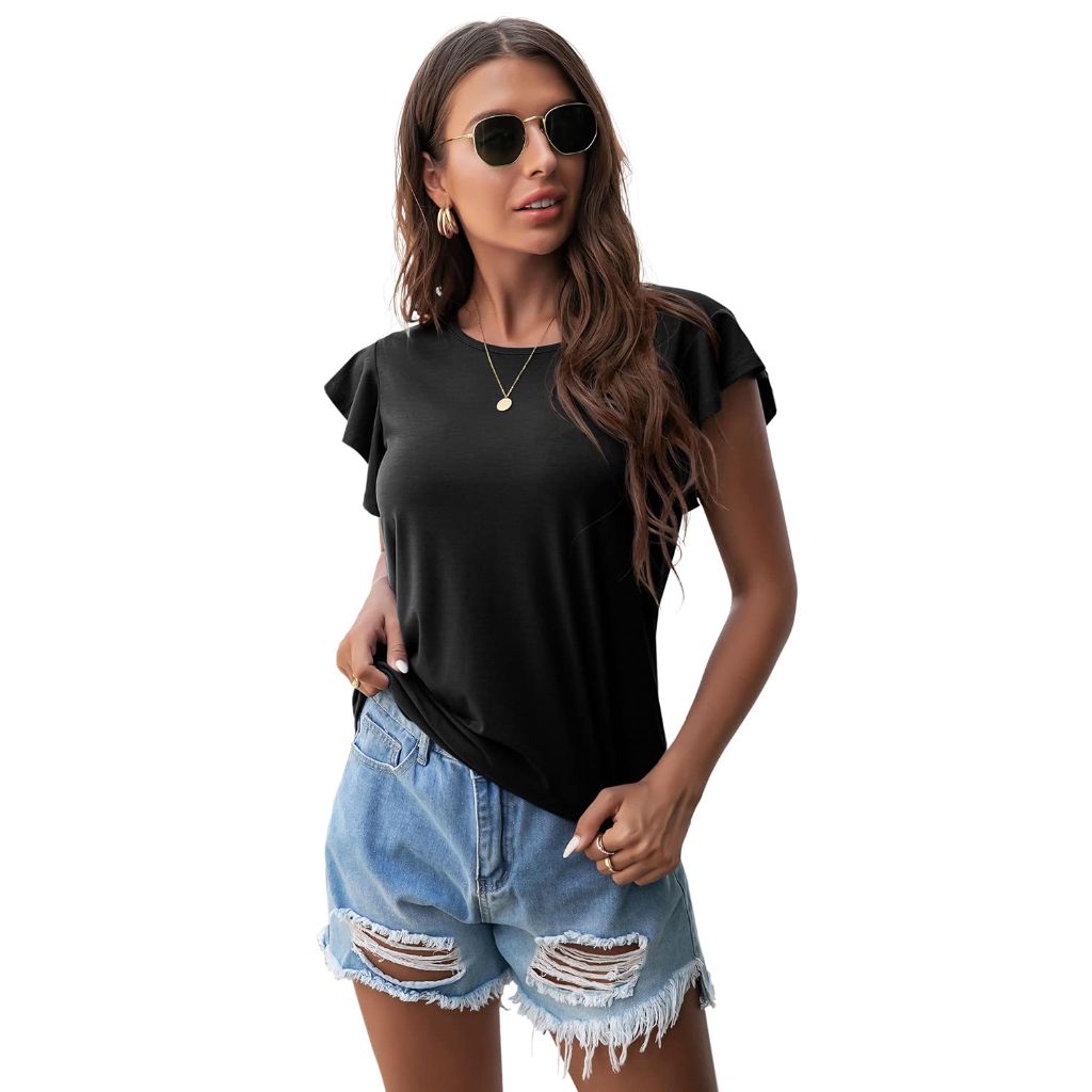 PrinStory Women's Tops, Ruffle Short Sleeves, Black, US M